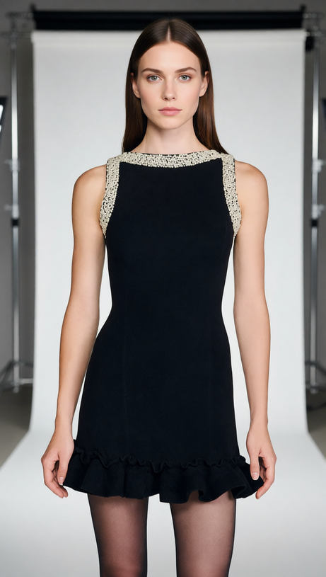 Chic Faux-Pearl Beaded Mini Dress - Sleeveless Ruffle Hem Cocktail Dress