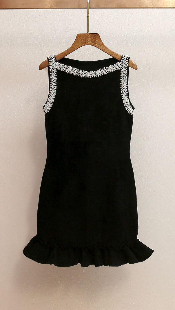 AIIZIE Chic Faux-Pearl Beaded Mini Dress - Sleeveless Ruffle Hem Cocktail Dress - product image