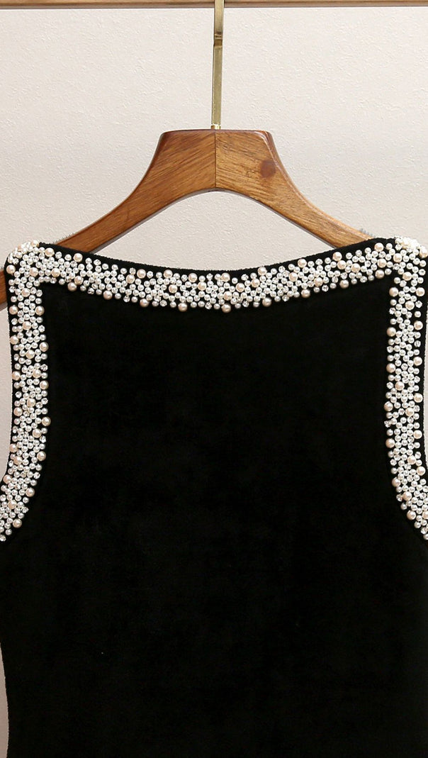 AIIZIE Chic Faux-Pearl Beaded Mini Dress - Sleeveless Ruffle Hem Cocktail Dress - product image