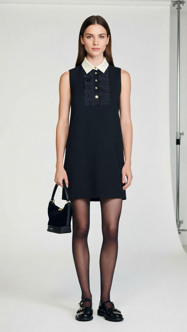 AIIZIE Elegant Black Mini Dress for Women | Chic Contrast Collar & Sleeveless Shift - product image