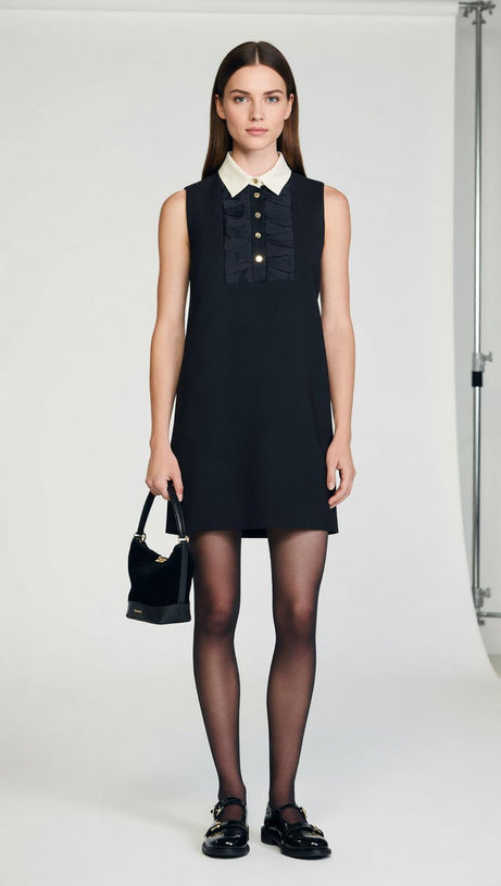 Elegant Black Mini Dress for Women | Chic Contrast Collar & Sleeveless Shift
