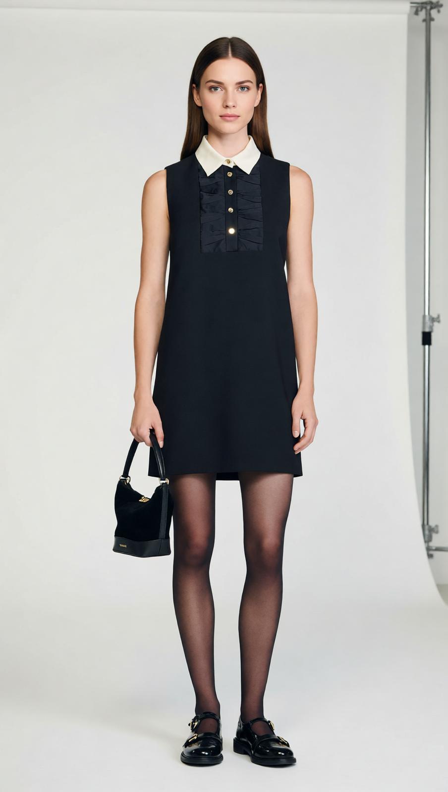 Elegant Black Mini Dress for Women | Chic Contrast Collar & Sleeveless Shift