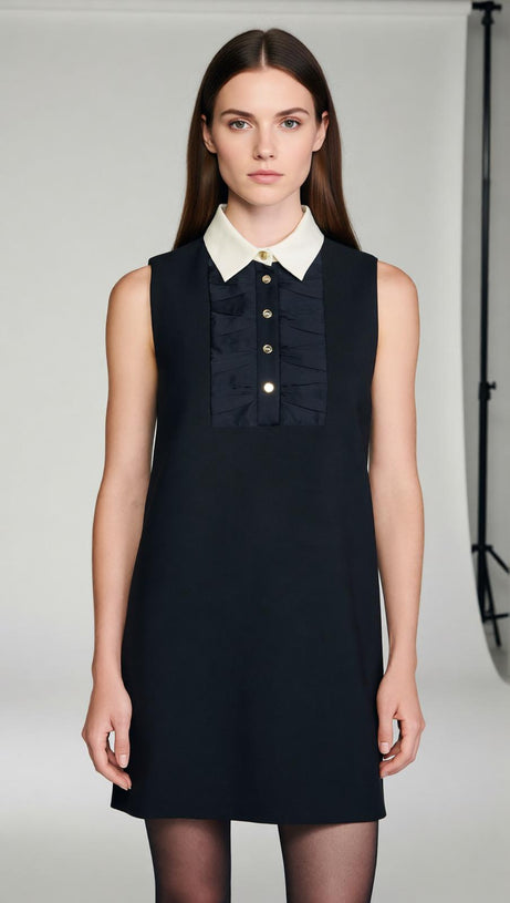 Elegant Black Mini Dress for Women | Chic Contrast Collar & Sleeveless Shift