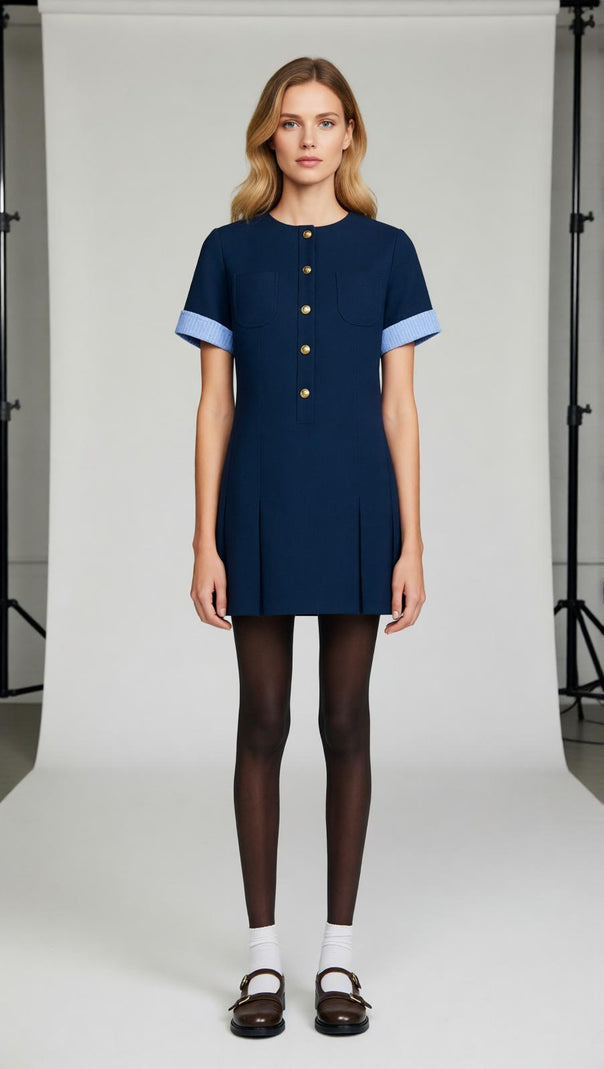 AIIZIE Navy Chic Pleated Mini Dress | Contrast Cuff & Gold Button Detail - product image