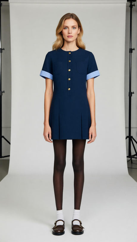 Navy Chic Pleated Mini Dress | Contrast Cuff & Gold Button Detail