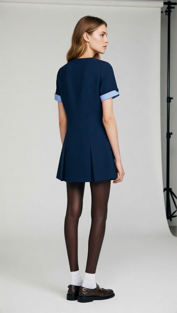 AIIZIE Navy Chic Pleated Mini Dress | Contrast Cuff & Gold Button Detail - product image