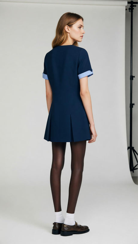 Navy Chic Pleated Mini Dress | Contrast Cuff & Gold Button Detail