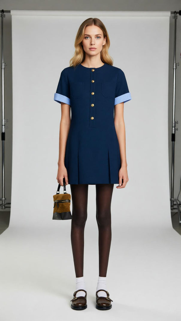 AIIZIE Navy Chic Pleated Mini Dress | Contrast Cuff & Gold Button Detail - product image