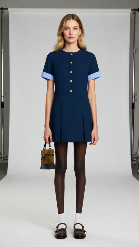 Navy Chic Pleated Mini Dress | Contrast Cuff & Gold Button Detail