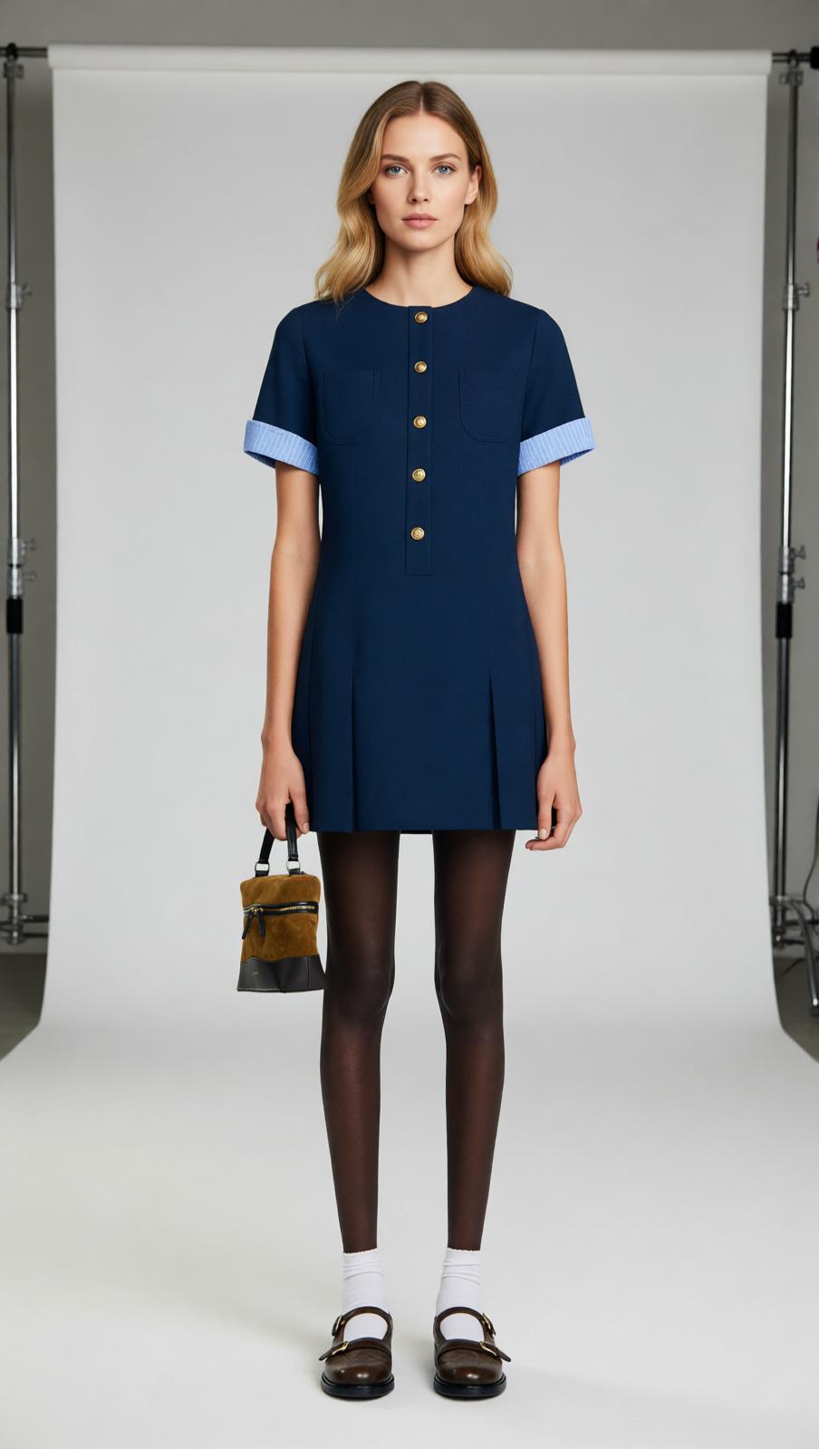 Navy Chic Pleated Mini Dress | Contrast Cuff & Gold Button Detail