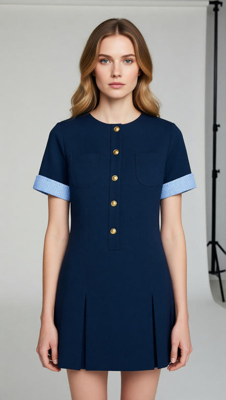 Navy Chic Pleated Mini Dress | Contrast Cuff & Gold Button Detail