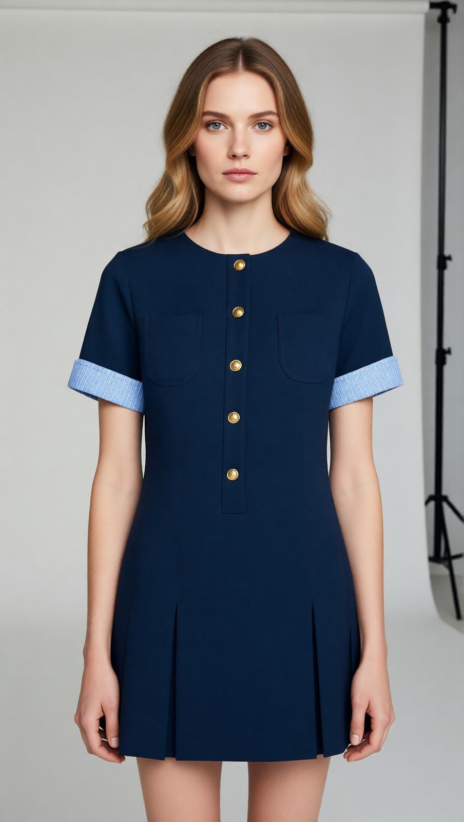 Navy Chic Pleated Mini Dress | Contrast Cuff & Gold Button Detail