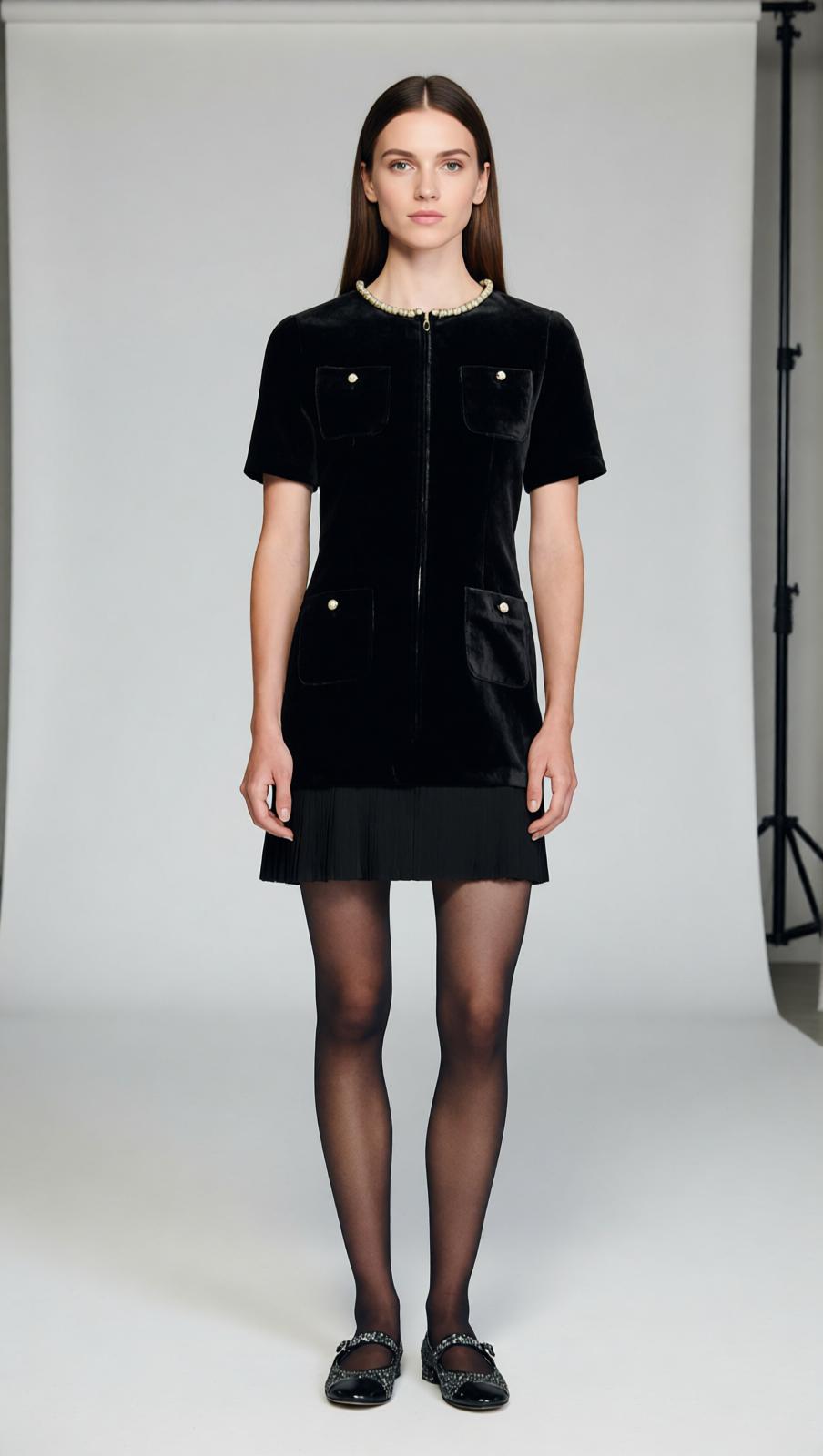 Chic Velvet Mini Dress for Women | Beaded Neckline & Pockets