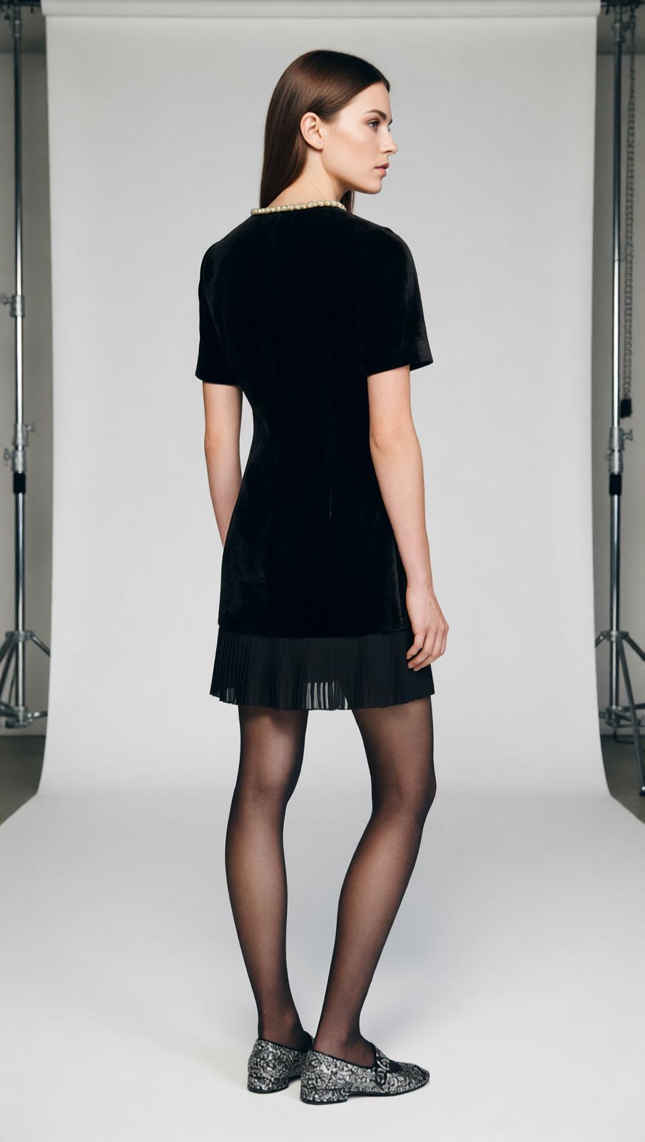 Chic Velvet Mini Dress for Women | Beaded Neckline & Pockets