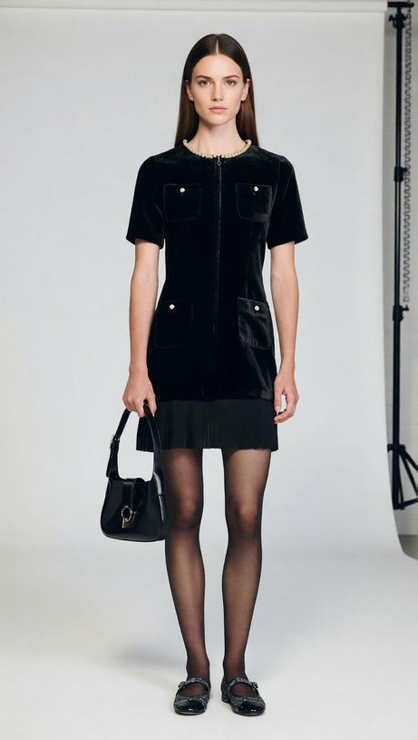 Chic Velvet Mini Dress for Women | Beaded Neckline & Pockets