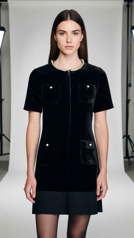 Chic Velvet Mini Dress for Women | Beaded Neckline & Pockets