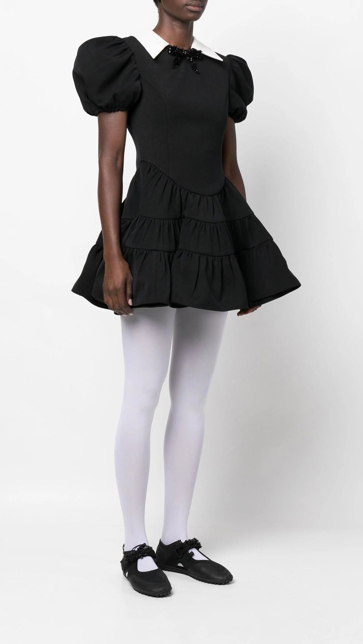 AIIZIE BLACK PUFF SLEEVE TIERED MINI DRESS - product image