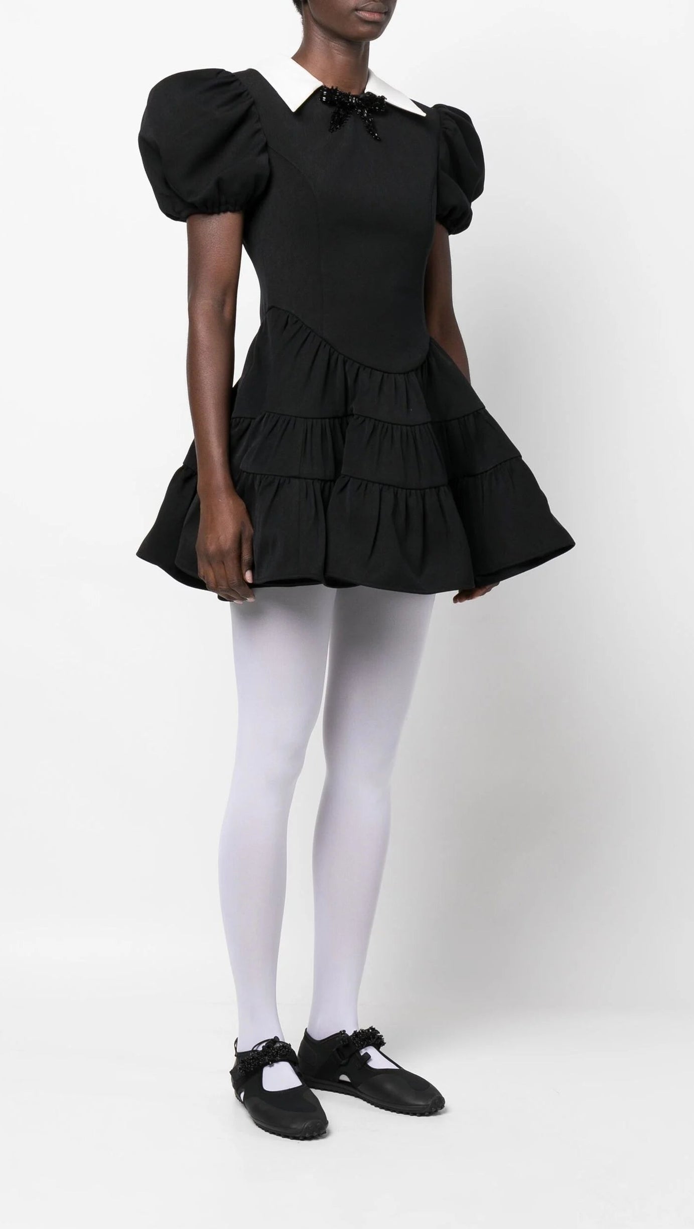 BLACK PUFF SLEEVE TIERED MINI DRESS