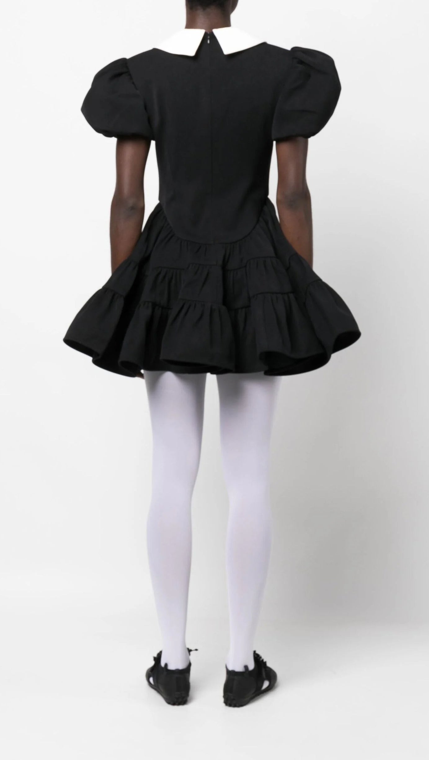 BLACK PUFF SLEEVE TIERED MINI DRESS