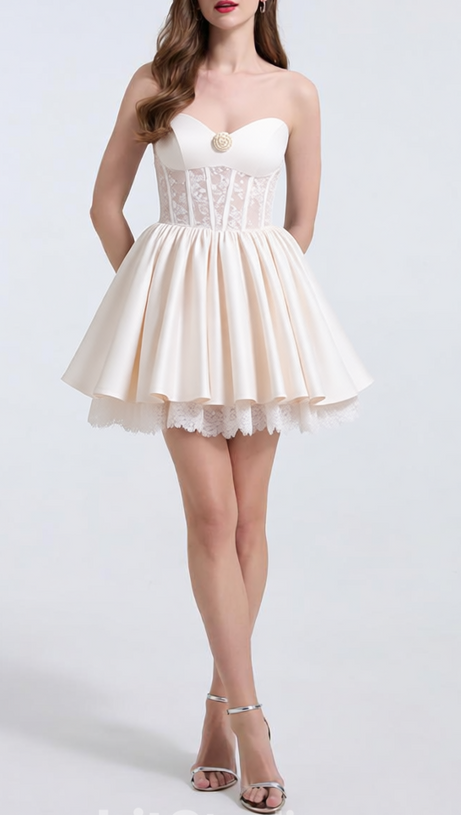 helen white flower Strapless lace satin mini dress