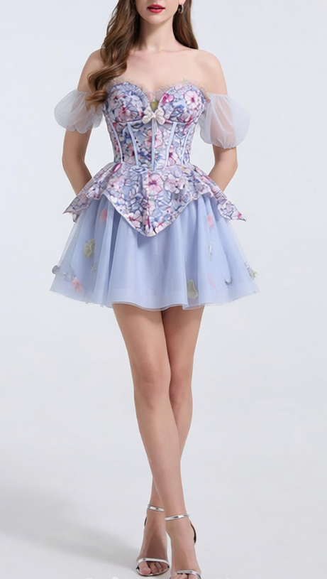 kelly floral print embroidery tulle puffy mini dress