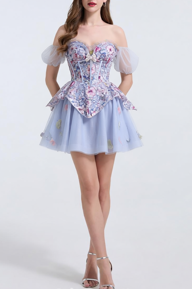 kelly floral print embroidery tulle puffy mini dress