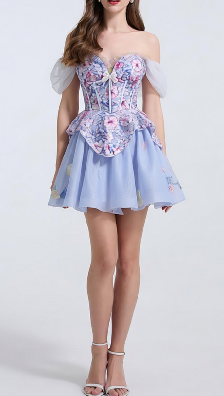 kelly floral print embroidery tulle puffy mini dress