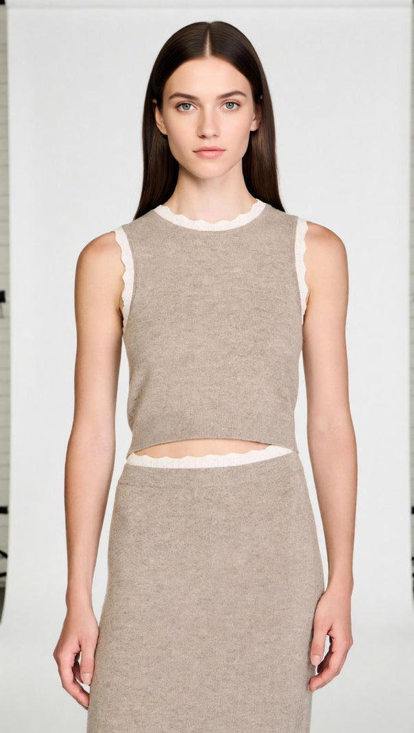 AIIZIE Elegant Sleeveless Knit Crop Top with Scalloped Pointelle Trim - product image