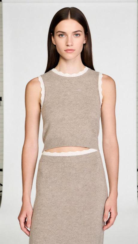 Elegant Sleeveless Knit Crop Top with Scalloped Pointelle Trim