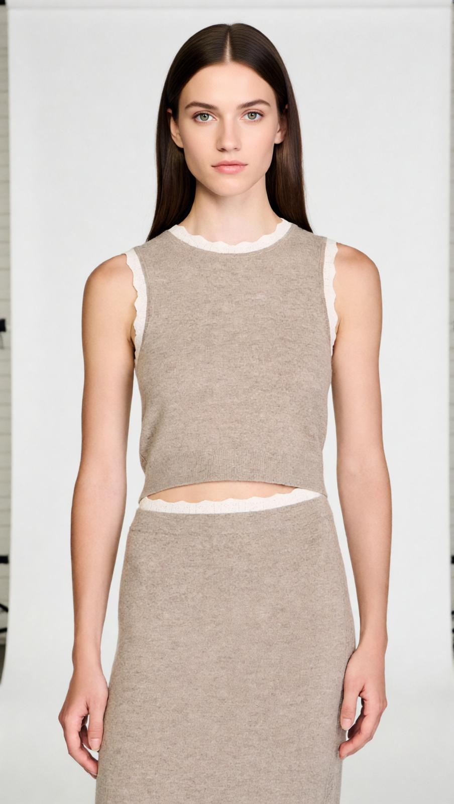 Elegant Sleeveless Knit Crop Top with Scalloped Pointelle Trim