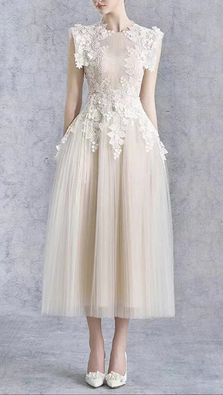 FLORAL APPLIQUÉ BODICE SLEEVELESS MIDI DRESS IN BEIGE