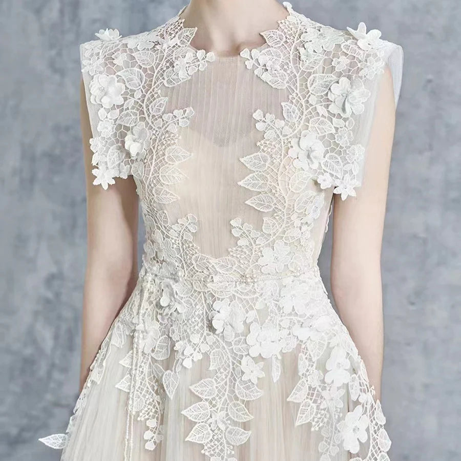 AIIZIE FLORAL APPLIQUÉ BODICE SLEEVELESS MIDI DRESS IN BEIGE - product image