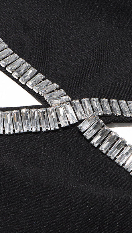 BAGUETTE CRYSTALS SIDE CUTOUTS EMBROIDERED BLACK CRÊPE MAXI DRESS