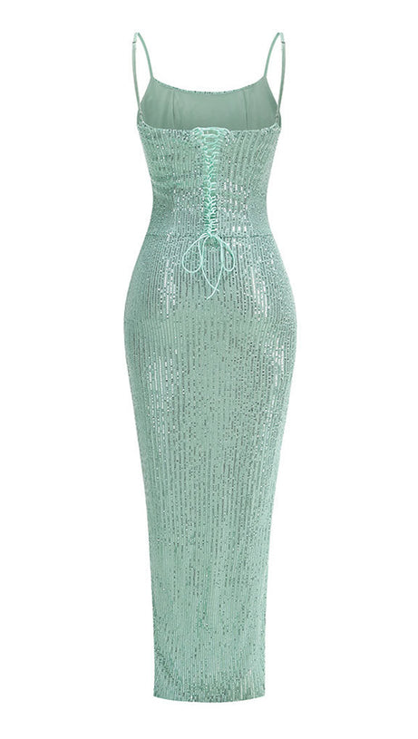 Glitzerndes, Paillettenbesetztes, gedrehtes, gerüschtes, hochgeschlitztes Unterkleid für den Abend