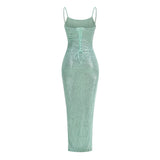 Sparkly Sequin Lace Up Twisted Ruched High Slit Slip Evening Maxi Dress