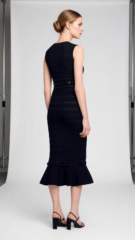 Chic Studded Knit Midi Dress | Black Sleeveless Flounce Hem