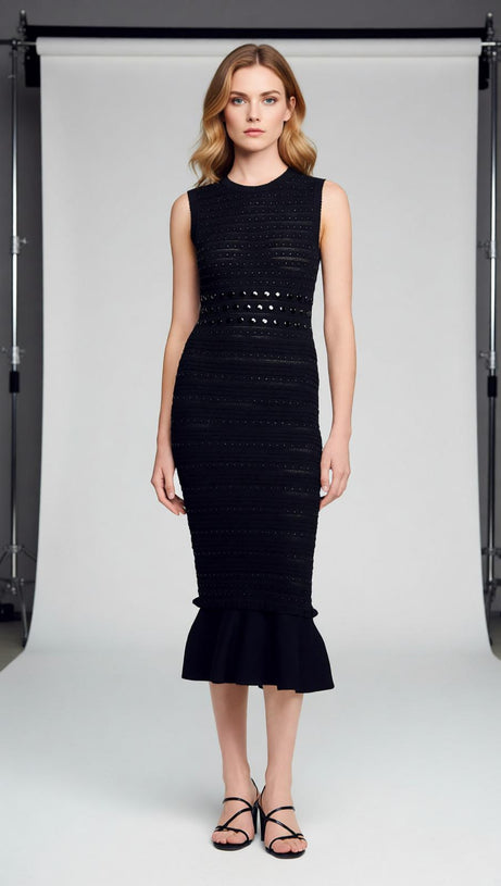 Chic Studded Knit Midi Dress | Black Sleeveless Flounce Hem
