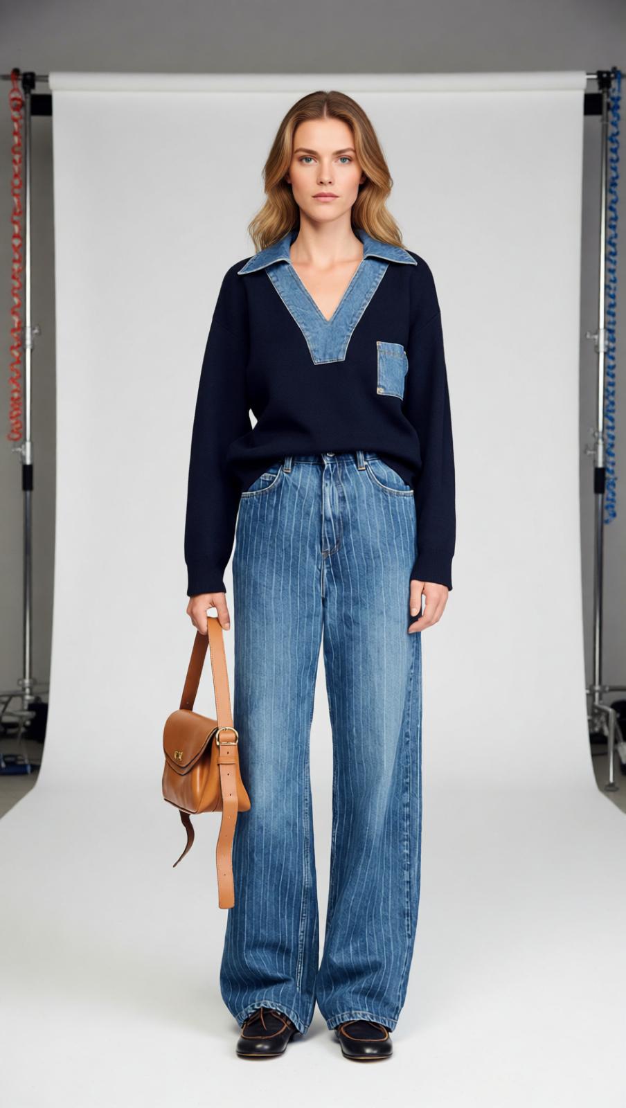 Effortless Chic Women's Denim V-Neck Pullover Sweater