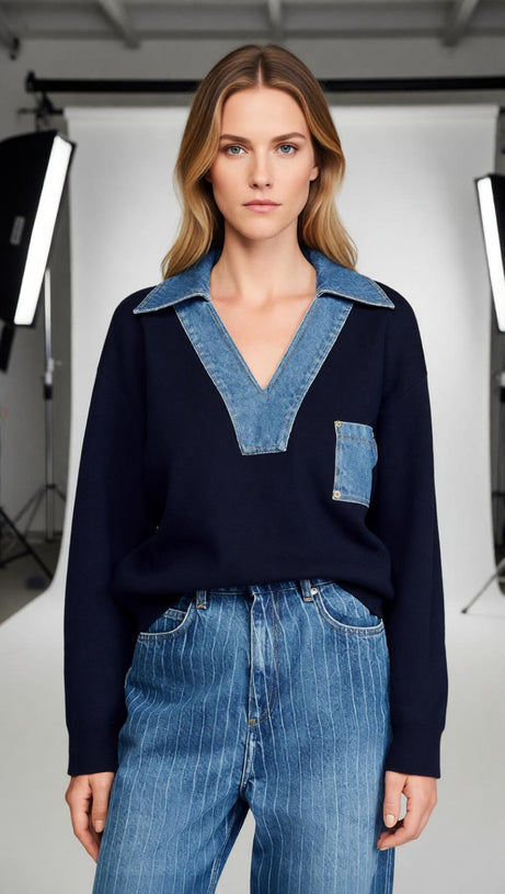 Effortless Chic Women's Denim V-Neck Pullover Sweater