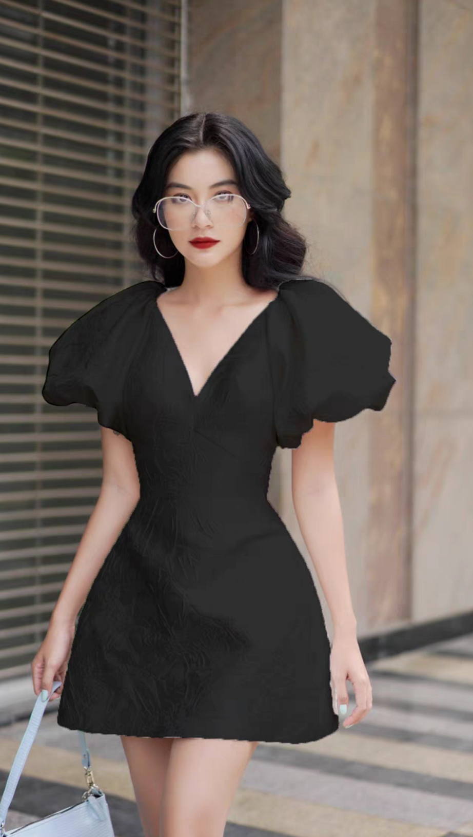 JACQUARD EMBOSSED V-NECK PUFF SLEEVES MINI DRESS