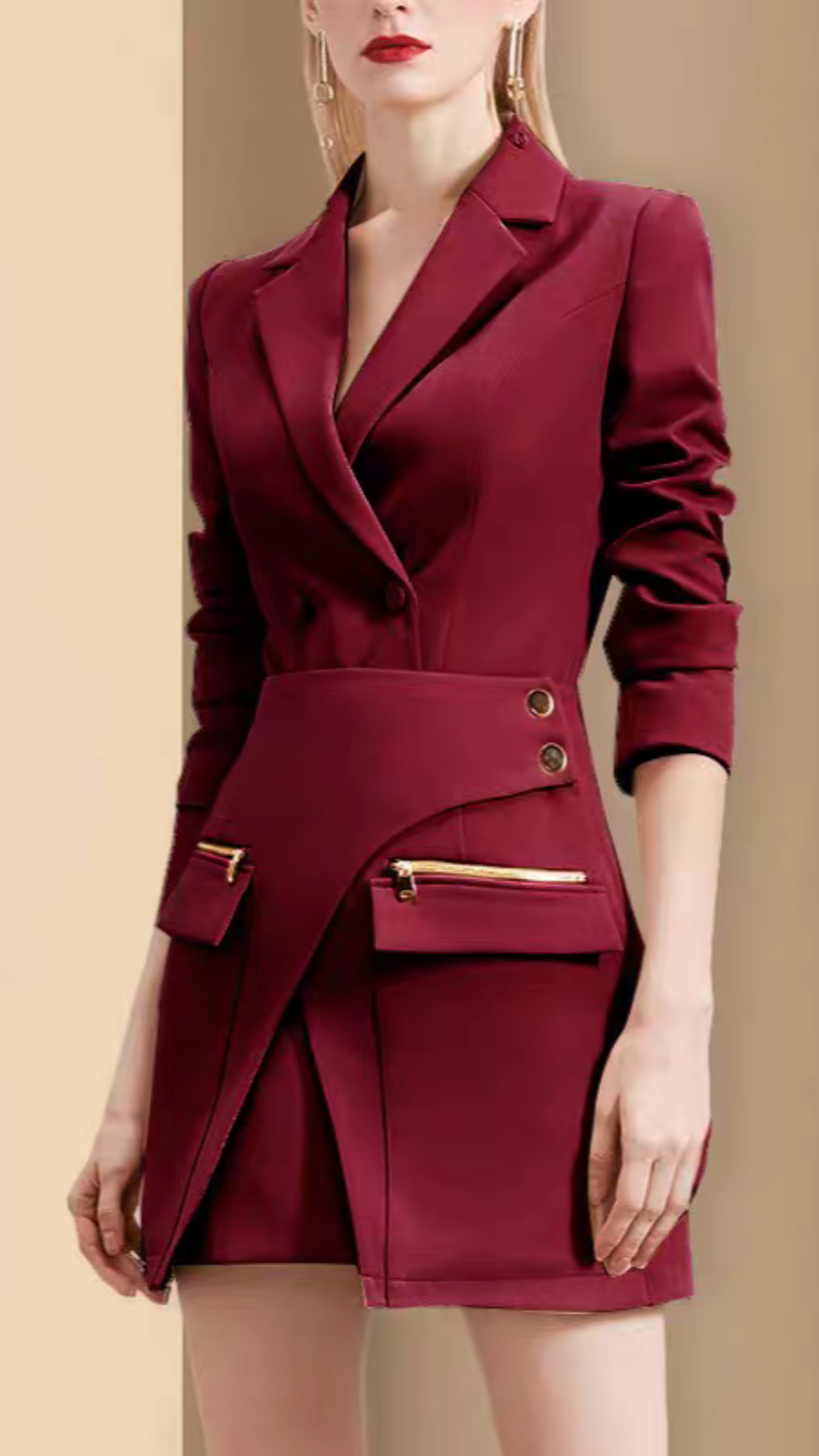 AUTUMN IRREGULAR DESIGN SOLID COLOR BLAZER & SKIRT SET