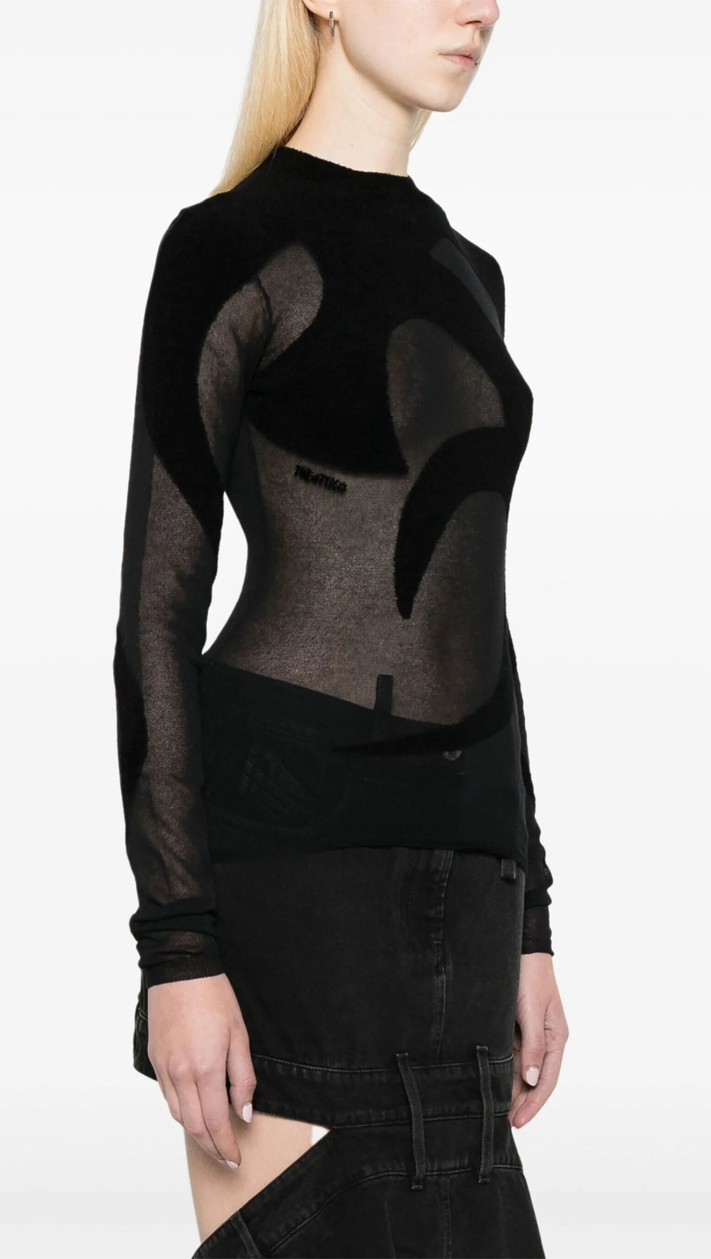 BLACK FINE-KNIT SEMI-SHEER T-SHIRT