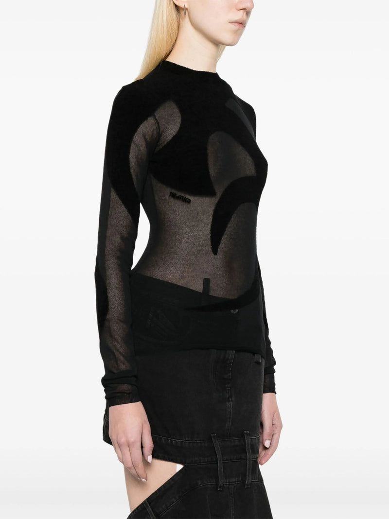 BLACK FINE-KNIT SEMI-SHEER T-SHIRT