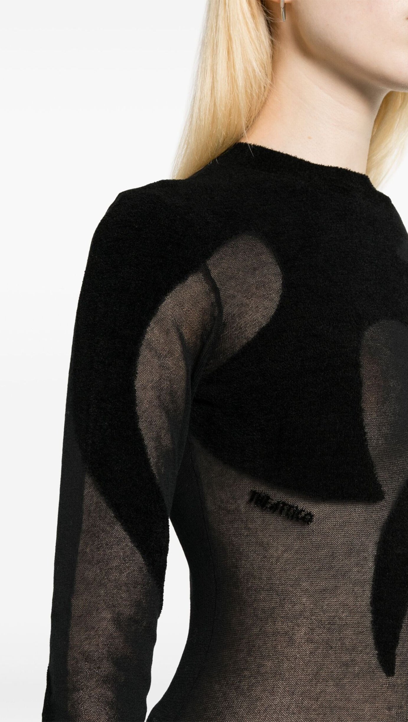 BLACK FINE-KNIT SEMI-SHEER T-SHIRT