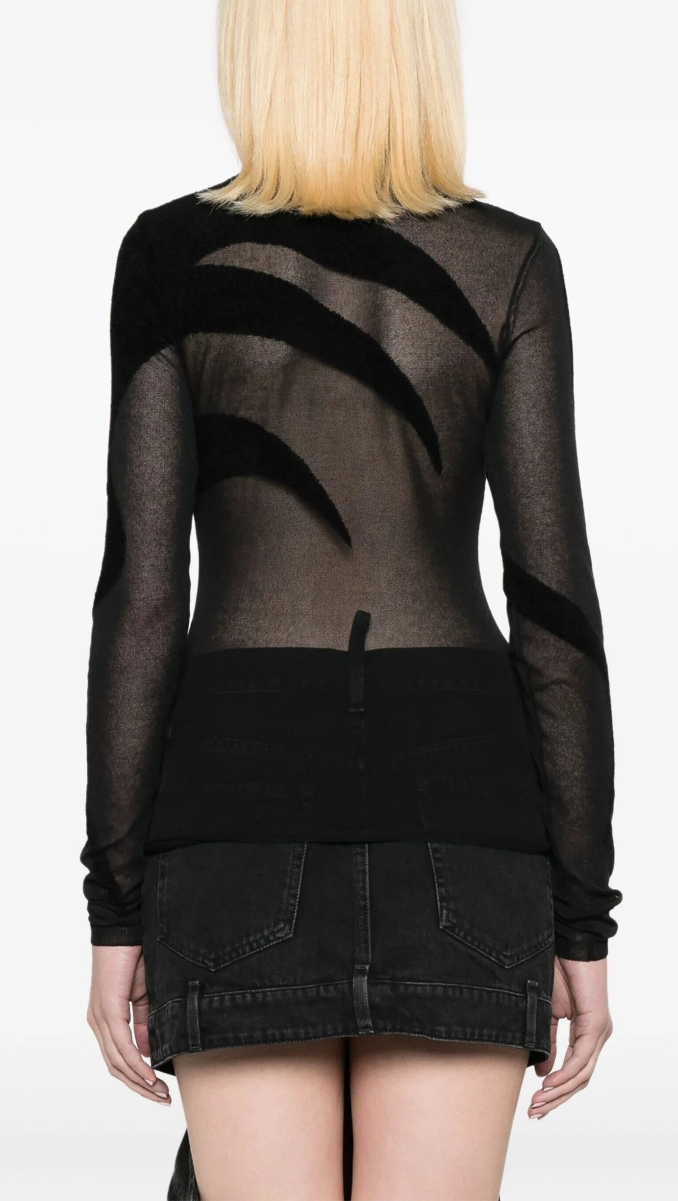 BLACK FINE-KNIT SEMI-SHEER T-SHIRT