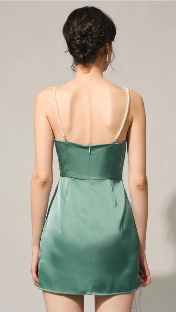 AIIZIE PEARL STRAP SATIN MINI DRESS IN GREEN - product image