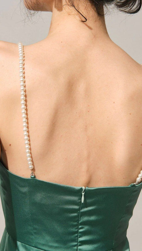 PEARL STRAP SATIN MINI DRESS IN GREEN