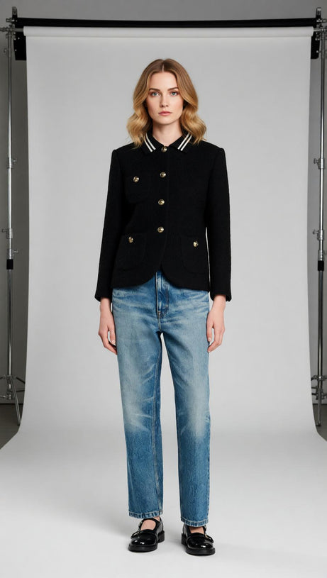Chic Black Tweed Jacket | Contrast Striped Collar & Gold Buttons