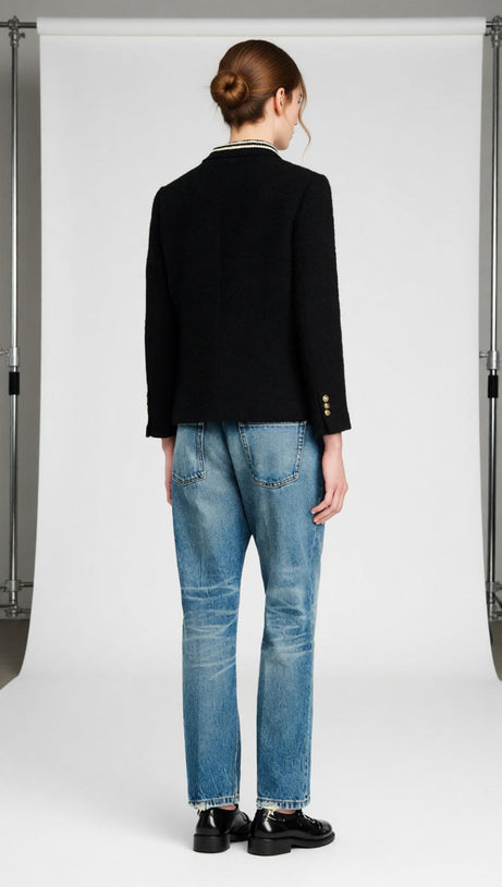 Chic Black Tweed Jacket | Contrast Striped Collar & Gold Buttons