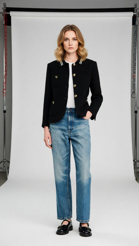 Chic Black Tweed Jacket | Contrast Striped Collar & Gold Buttons